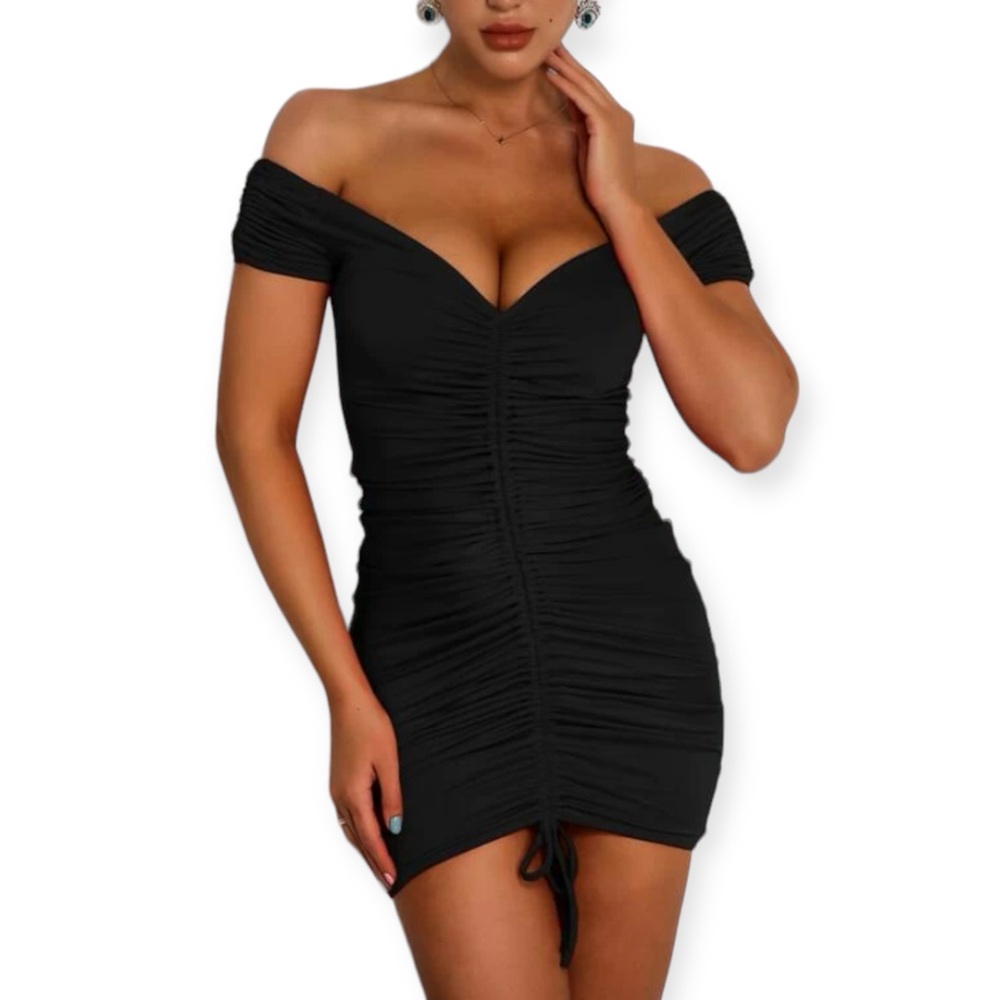Off Shoulder Drawstring Ruched Satin Bodycon Dress - image 2
